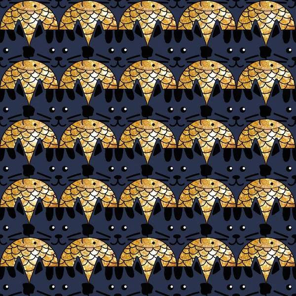 金魚のシームレスなパターンを持つかわいい猫の頭 ベクターイラスト — ストックベクタ