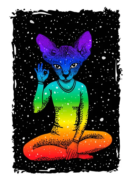 Catwoman Rainbow Color Sphinx Cat Head Sits Lotus Position Shows — Stock Vector
