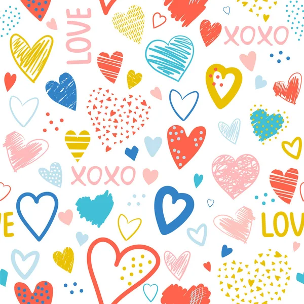 Seamless pattern with hand drawn scribble hearts and text - love, xoxo. Creative love texture. Vector — Stock Vector