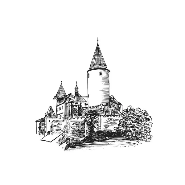 Castelo Medieval Praga Esboço Manual Ilustração Vetorial —  Vetores de Stock