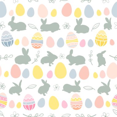 Paskalya tavşanı, tavuk yumurtası ve çiçek çizimi. Şenlikli pastel kusursuz desen. Vektör illüstrasyonu