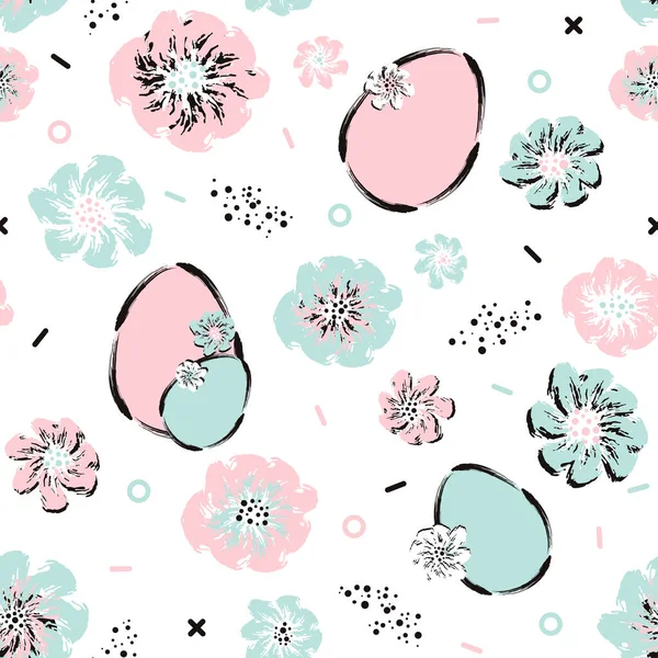 彩绘风格的复活节鸡蛋和花朵。节日纸巾无缝图案。B.病媒 — 图库矢量图片