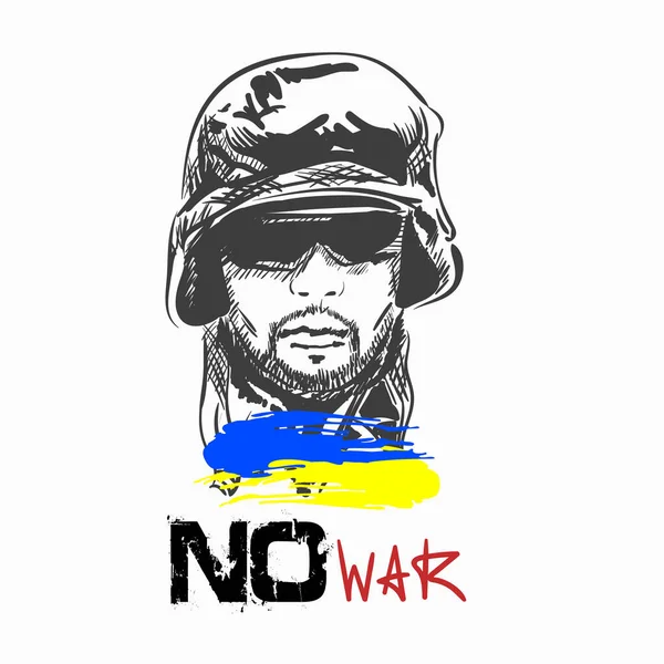 Portraitzeichnung eines jungen Soldaten mit Brille. Ukraine-Fahne im Pinselstil. Schriftzug No War. Vektor — Stockvektor