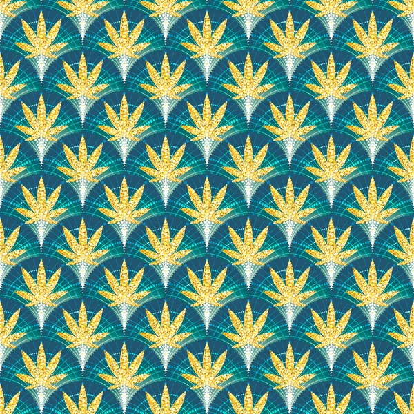 Bezešvé vzory se zlatými listy marihuany. Rostlina konopí váží pozadí s puntíkem polka. Vektor — Stockový vektor