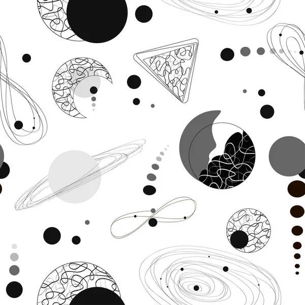 Современный ручной рисунок космического бесшовного рисунка. Планеты и символы астрономии и астрологии в минимальном стиле черной линии. Вектор — стоковый вектор