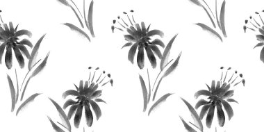 Soyut siyah suluboya çiçekli desenler, la prima tarzında, izole çiçekler. Elle boyanmış eski çiçek illüstrasyonu - Vektör