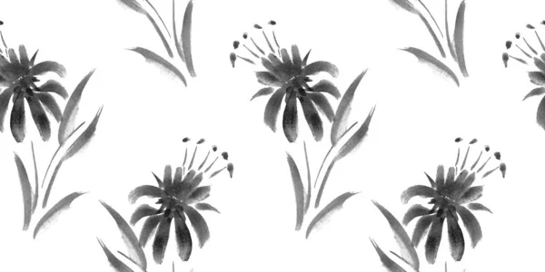 Abstraktes schwarzes Aquarell mit floralem Nahtmuster im a la prima Stil, isolierte Blumen. Handbemalte Vintage florale Illustration - Vector — Stockvektor