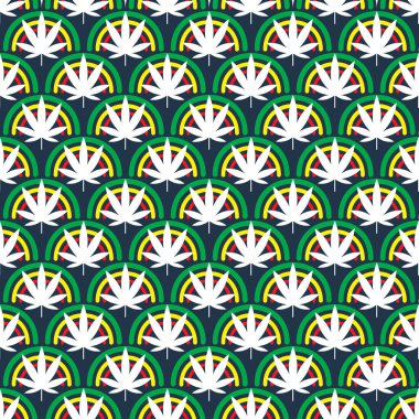 Kenevir yaprağı yapraklarıyla kusursuz desen. Esrar bitkisi arka planda kalır. Vektör illüstrasyonu