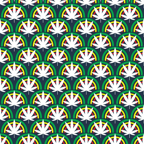 Kenevir yaprağı yapraklarıyla kusursuz desen. Esrar bitkisi arka planda kalır. Vektör illüstrasyonu