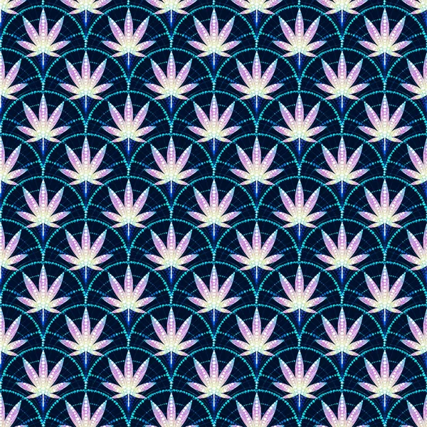 Seamless pattern with gold leaves of hemp Marijuana leaf. Cannabis plant scales background with polka dot. JPG format
