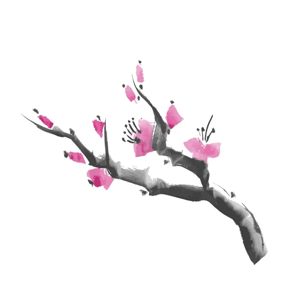 Realistic Sakura Blossom Japanese Cherry Tree Isolated White Background Watercolor — Image vectorielle