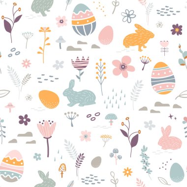Easter bunny, chicken eggs and hand drawing floral elements. Festive pastel seamless pattern. Vector illustration