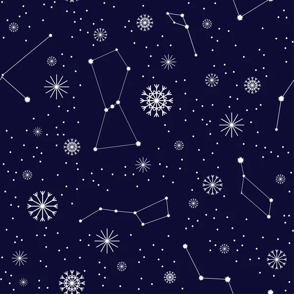 Cielo Estrellado Nocturno Constelaciones Copos Nieve Fondo Navidad Ilustración Vectorial — Vector de stock