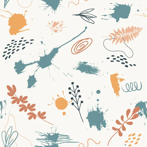 Blotches Paint Twigs Plants Doodles Seamless Pattern Scandinavian Style Pastel —  Vetores de Stock