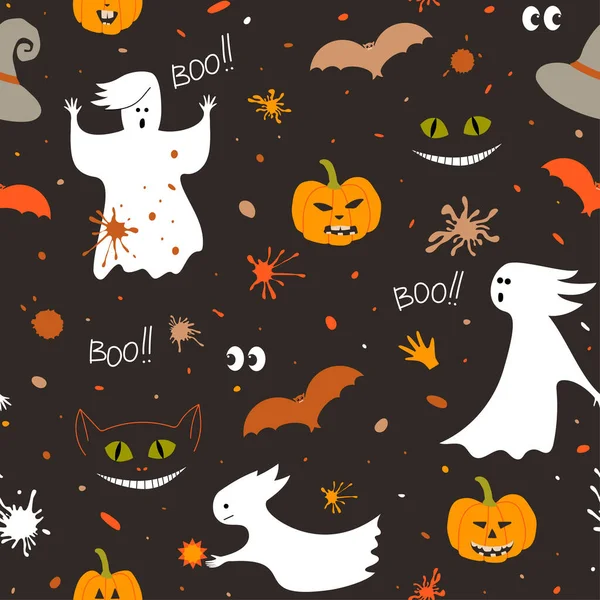 Boo Letras Texto Fantasma Espeluznante Calabazas Murciélagos Sombrero Bruja Gato — Vector de stock