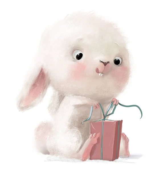 Pembe hediye kutusu olan sevimli beyaz tavşan karakteri. — Stok fotoğraf