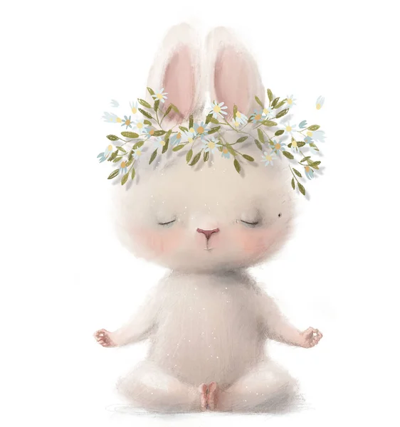 Cute white hare girl character with floral wreath — Stock Photo, Image