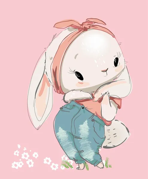 Милый мультяшный заяц персонаж девушки с розовым луком — стоковый вектор
