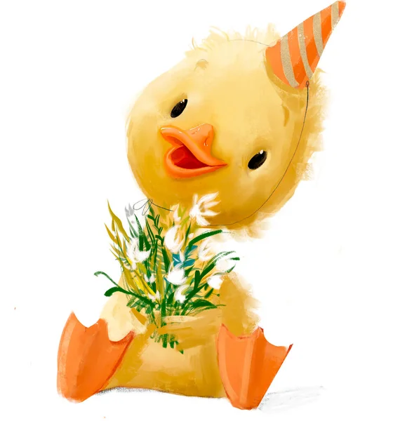 Cute duckling with floral bouquet — Stock Photo, Image