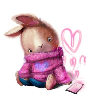 Akıllı telefonlu sevimli beyaz tavşan karakteri