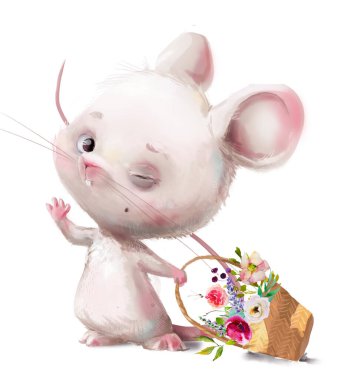 Çiçek buketli sevimli beyaz fare çizgi filmi