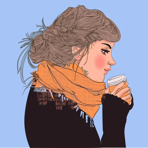 Profile Young Woman Scarf Coffee — стоковый вектор