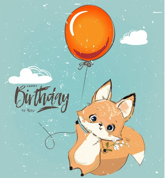 Cute Cartoon Fox Fly Red Balloon — 图库矢量图片