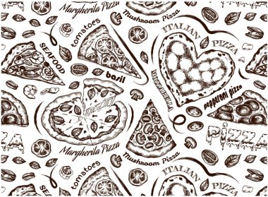 Beyaz arka planda izole edilmiş klasik pizza çizimi. İşlenmiş domates, mozzarella, fesleğen, deniz ürünleri, pepperoni, Margherita pizzası. İtalyan yemek duvar kağıdı. Vektör illüstrasyonu.
