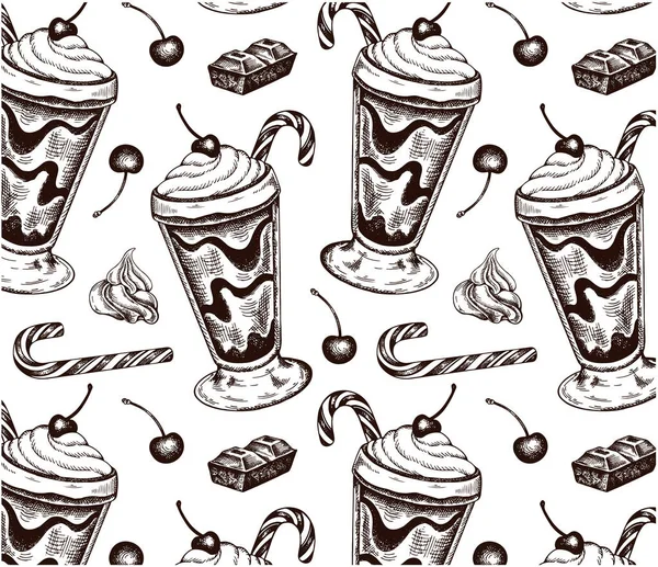Modello Disegnato Mano Bevanda Cioccolato Caldo Con Panna Montata Ciliegia — Vettoriale Stock