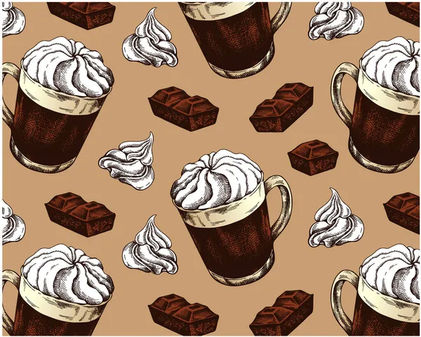 Sketch Hand Drawn Pattern Hot Cocoa Whipped Cream Isolated Brown — Stock Vector