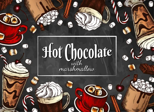 Kreda Rysunek Szablon Kolorowe Hot Chocolate Pianki Izolowane Tablicy Szkic — Wektor stockowy