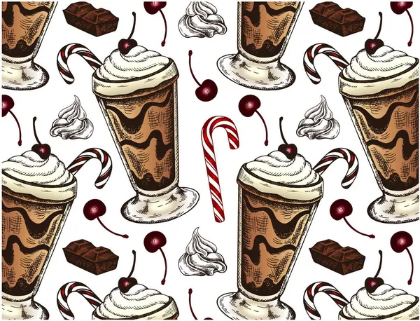 Skica Ručně Kreslený Vzor Mléčné Čokolády Koktejl Šlehačkou Cukrovou Třtinou — Stockový vektor