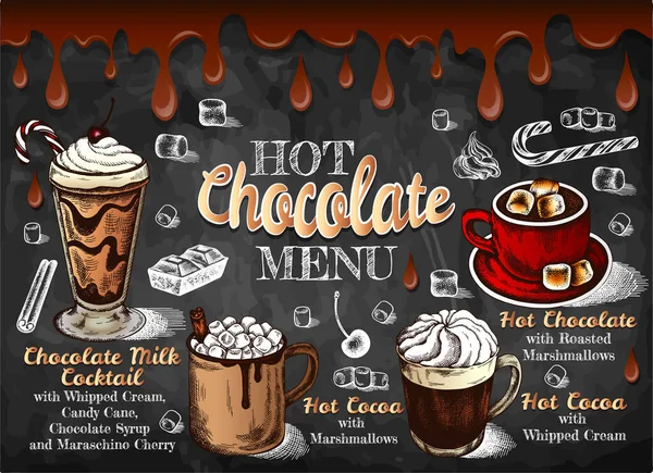 Sketch Menggambar Template Dari Hot Chocolate Menu Dengan Minuman Coklat - Stok Vektor