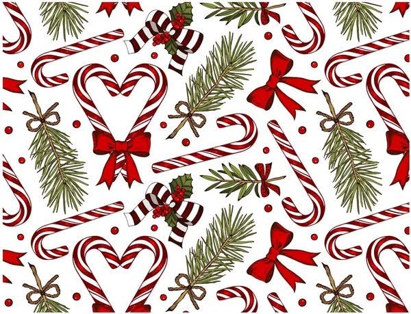 Skica Kresba Vánoční Vzor Barevnými Cukrové Třtiny Jmelí Stuha Vánoční — Stockový vektor
