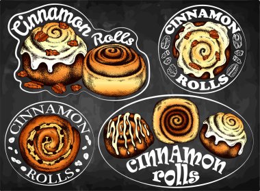 El çizimi, tarçınlı rulo logosu karatahtaya izole edilmiş. Kremalı, soslu, fındıklı tarçınlı çörek çiziyorum. Çizgili sanat tatlısı, karatahtadaki tatlı yemek, ikon. Vektör illüstrasyonu