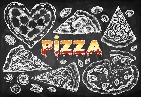 Bosquejo Dibujado Mano Conjunto Pizza Dibujo Tiza Aislado Pizarra Doodle — Archivo Imágenes Vectoriales