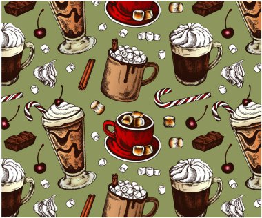 El çizimi, yeşil arka planda izole edilmiş marshmallowlu renkli sıcak çikolata desenli Xmas deseni. Kek çizimi kış içecekleri, sıcak kakao, krema, şeker, tarçın. Vektör illüstrasyonu.