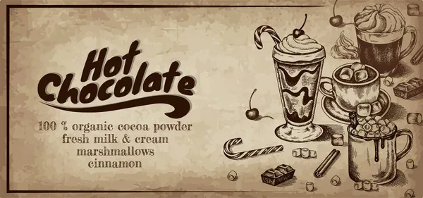 Şekerlemeli Tarçınlı Çırpılmış Kremalı Sıcak Çikolata Pankartı Kabartmalı Sıcak Kakao — Stok Vektör