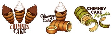 Beyaz arka planda izole edilmiş Chimney pastası, şam fıstığı, çikolata ve krem şantili eskiz çizimi. Çizgi sanatı trdelnik, trdlo, Çek usulü tatlı yemek çizer. Vektör illüstrasyonu.
