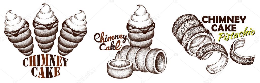 Sketch hand drawn logo of Chimney cake with ice cream, pistachio, chocolate, whipped cream isolated on white background. Line art drawing trdelnik, trdlo, Czech sweet baked food. Vector illustration.