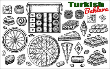 Beyaz zemin üzerinde izole edilmiş bir Türk baklava çizimi seti. Tatlı yemek, oryantal tatlı, hindistancevizi, fıstık, badem, şeker şurubu, ceviz, bal, fırın. Vektör illüstrasyonu.