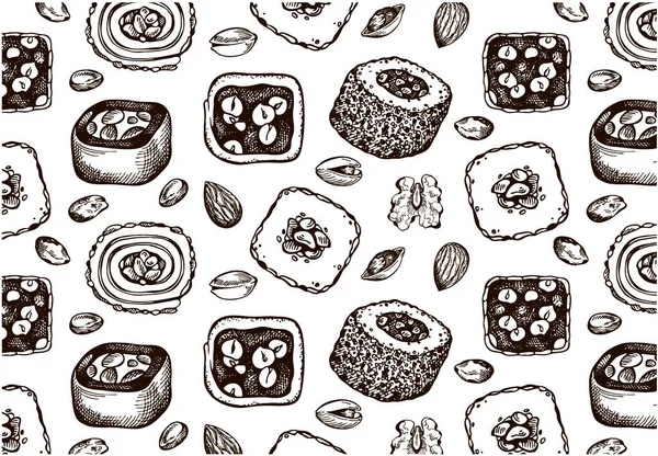 白い背景にトルコの喜びのスケッチの描画パターン 刻まれたゼリーデザート ピスタチオナッツ チョコレート ピーナッツ ヘーゼルナッツ ラインアートのラットルック 概要アラビアの甘い食べ物 ベクターイラスト — ストックベクタ