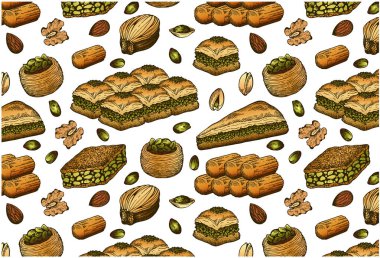 Şeffaf arkaplanda izole edilmiş renkli oryantal tatlıların çizim kalıpları. Yemek menüsü ve ambalaj için el yapımı Türk fıstığı baklava duvar kağıdı. Arap pastanesi. Vektör illüstrasyonu.