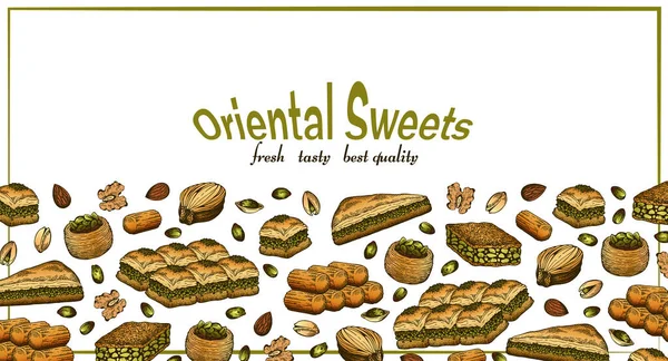 Skizze Zeichnung Poster Von Bunten Orientalischen Süßigkeiten Isoliert Auf Weißem — Stockvektor