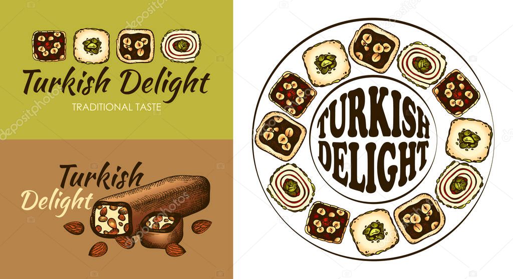 Sketch hand drawn icon set of Turkish Delight with pistachio, chocolate, almond, hazelnut. Line art rahat lokum logo, outline jelly candy, sweet oriental food, Istanbul Bazaar. Vector illustration.