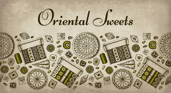 Skizzierkarte Orientalischer Süßigkeiten Mit Pistazienkernen Arabische Desserts Hintergrund Türkisches Vergnügen — Stockvektor