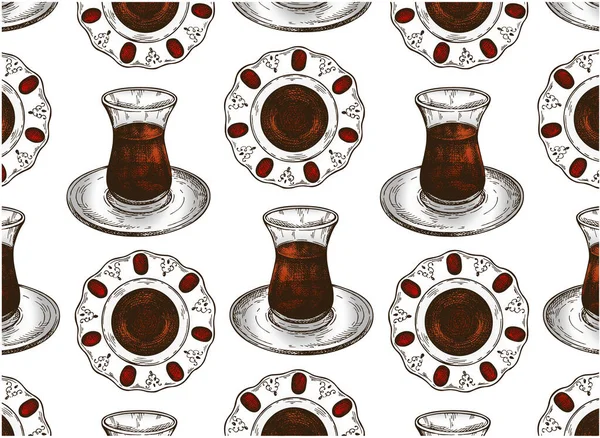 Tekening Patroon Van Traditionele Turkse Hete Zwarte Thee Glazen Beker — Stockvector
