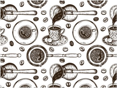 Beyaz arka planda izole edilmiş Türk kahvesi ve kahve çekirdeklerinin el çizimi modeli. Çizgi sanatı, Arap yapımı sıcak kafein içeceği, bir fincan espresso. İstanbul Kafe duvar kâğıdı. Vektör illüstrasyonu.