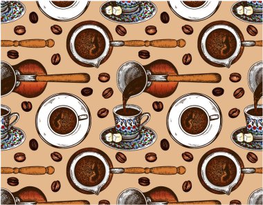 Kahverengi arka planda izole edilmiş Türk kahvesi ve kahve çekirdeklerinin el çizimi modeli. Çizgi sanatı, Arap yapımı sıcak kafein içeceği, bir fincan espresso. İstanbul Kafe duvar kâğıdı. Vektör illüstrasyonu.