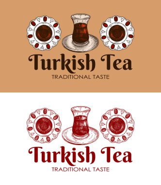 Elle çizilmiş Türk çayı logosu. Siyah çay fincanı taslağı. Geleneksel lale şeklindeki bardakta sıcak Arap içeceği. İstanbul Kafe 'nin klasik arka planı. Türk içeceği. Vektör illüstrasyonu.